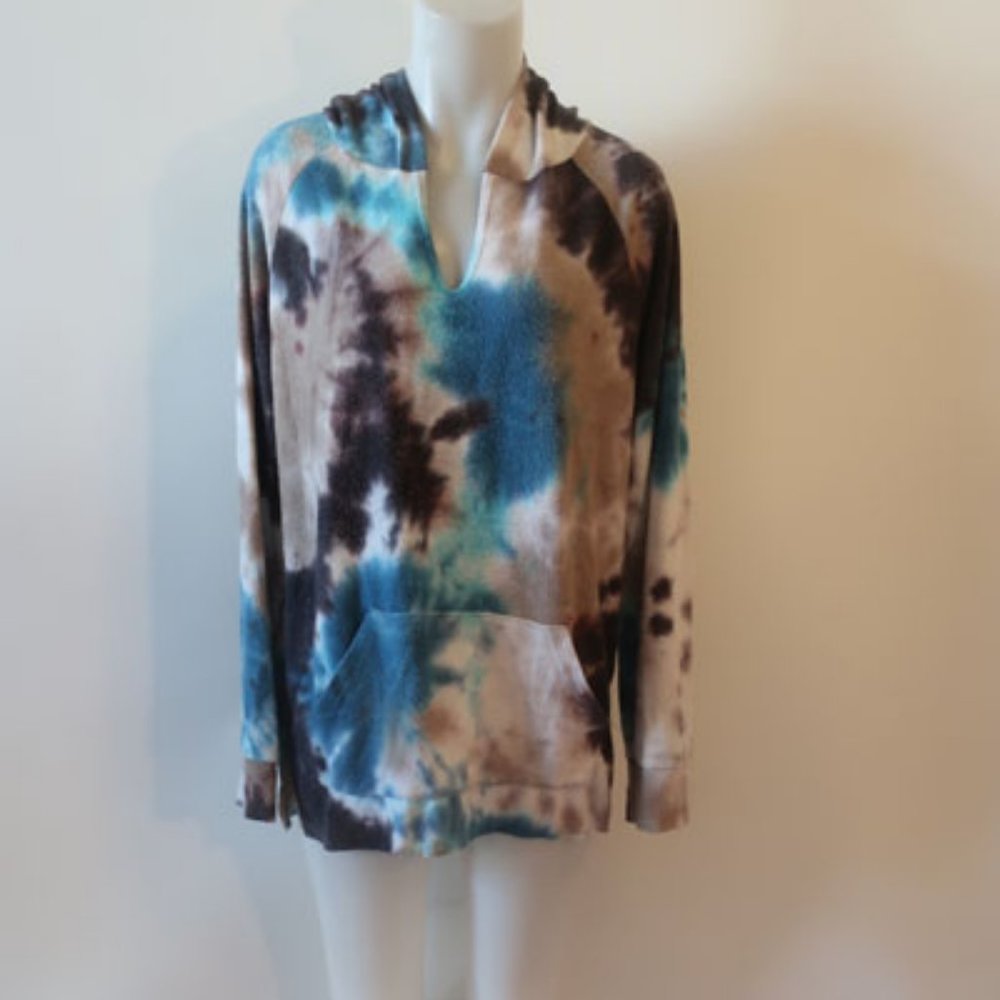 Womens Enti Blue White Black Tie Dye Hoodie Sweatshirt Top L *